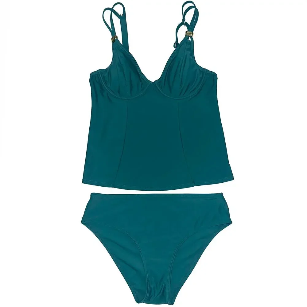NWT Cupshe Green V-Neck Square Ring Two Piece Tankini Swimsuit Set Size M